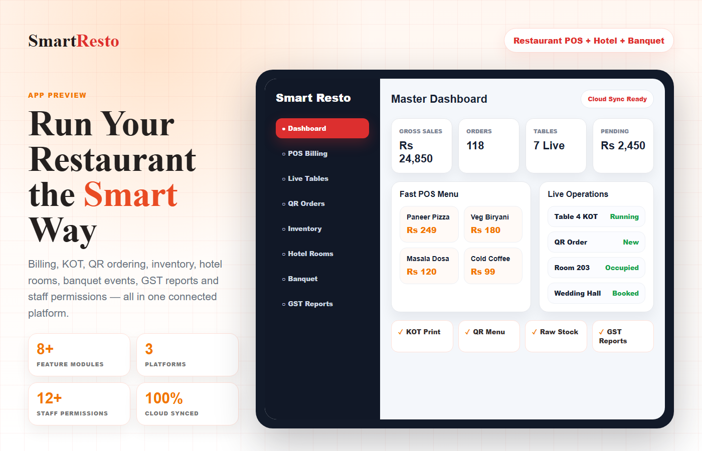 Smart Resto POS app dashboard preview with restaurant billing, KOT, QR ordering, hotel and banquet modules